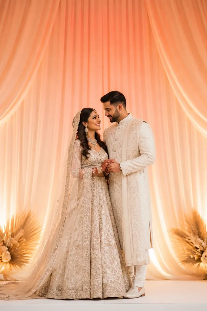 Behind the couple, fabric drapes fade from peach at the top to soft blush and then to cream at the bottom. Warm amber uplights create a gradient glow across the stage. Small clusters of dried palms and ivory roses sit near the base corners.