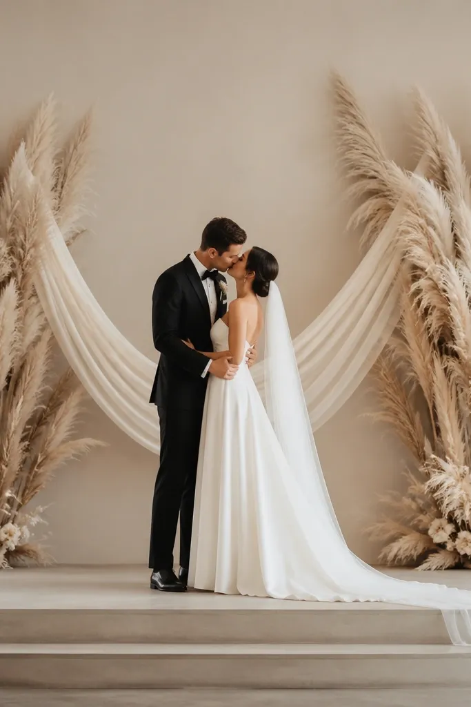 Large neutral pampas feather bunches sit behind the couple in two big clusters. Ivory ribbon swags drape in soft arcs between the clusters. The stage has a warm neutral color palette and minimal greenery.