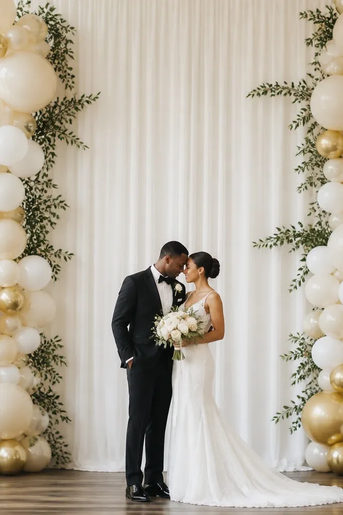 On both sides of the stage are tall balloon columns in cream and pale gold. The center behind the couple is left open with a vertical fabric panel. Small greenery accents connect the balloon columns to the fabric.