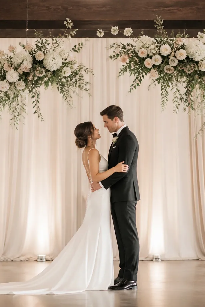 Two hanging floral clusters suspend above the couple from a ceiling beam. The flowers are white and blush with greenery, attached with nearly invisible clear fishing line. The backdrop is a soft neutral drape, and uplights create a glow.