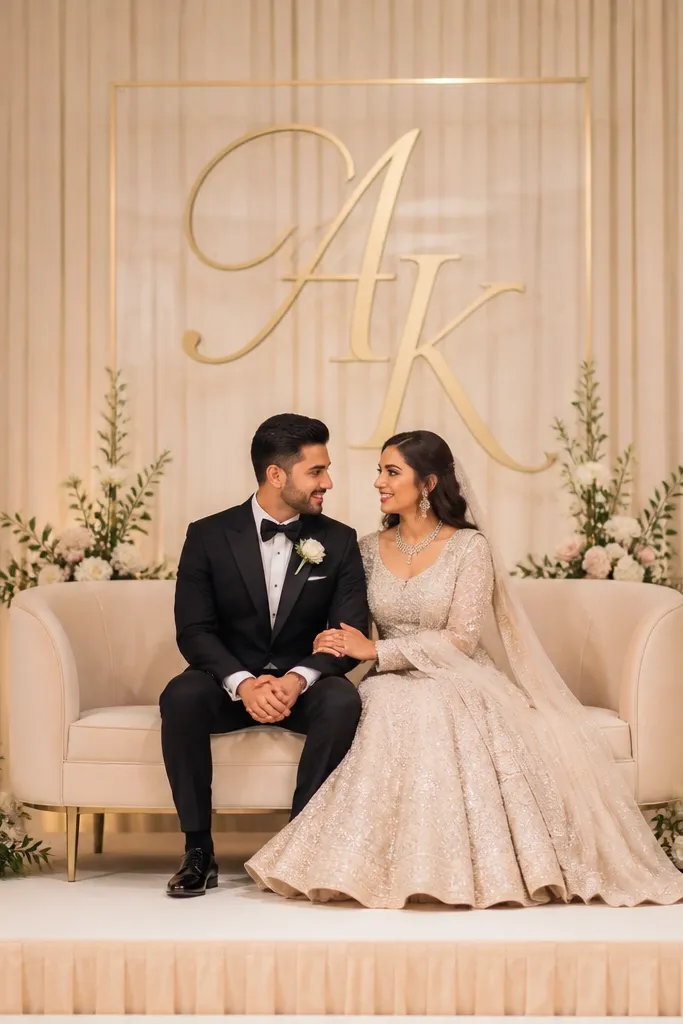 A clear acrylic panel behind the couple holds two large monogram initials. At each bottom corner of the panel, there are small floral sprays in white and blush with greenery. The stage lighting is warm and even.