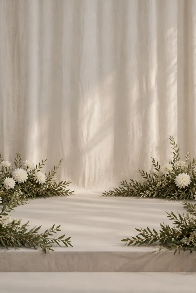 A low stage frame of olive branches curves around the front corners and back edges. White dahlias and small greenery clusters sit inside the curves. The center is open with a simple neutral fabric behind.