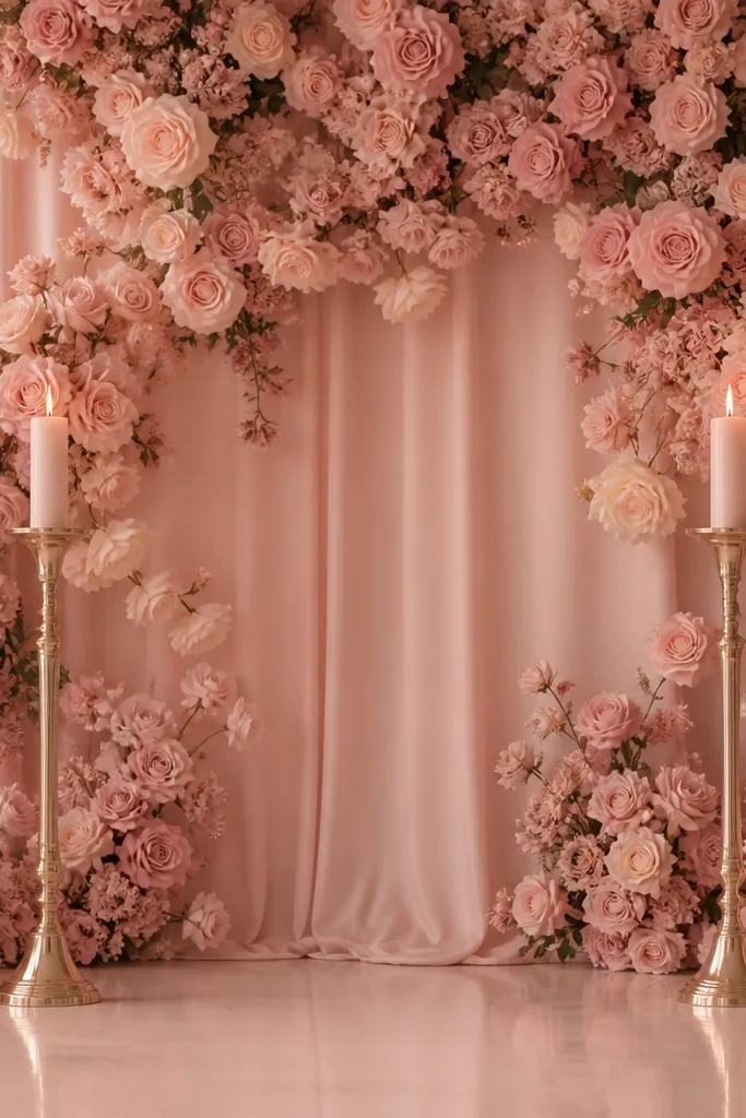 A backdrop of blush velvet rose clusters arranged in a dense but controlled pattern. A blush draped base fabric sits behind the roses, and two tall candle stands flank the center. Lighting is warm and soft.