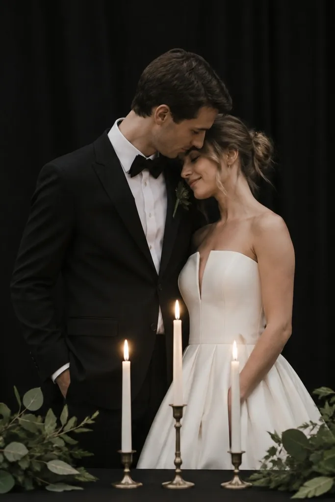 A matte black fabric backdrop fills the stage behind the couple. Three white taper candles in tall holders sit in a line at the front center, with greenery sprigs on both sides. The stage lighting makes the candles glow.