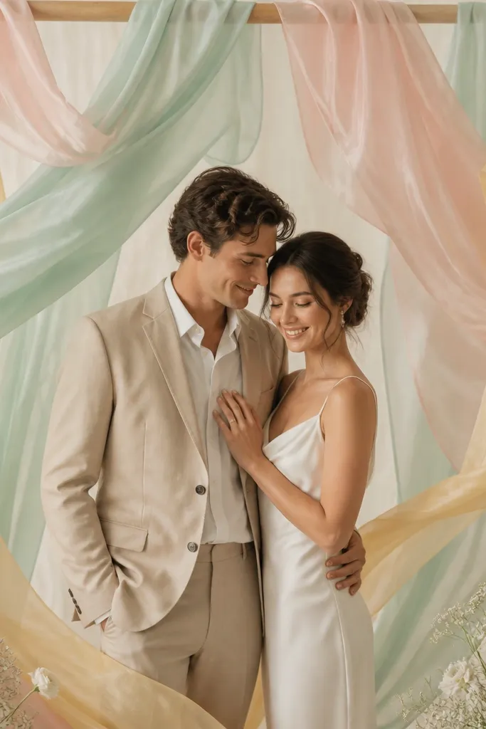 Pastel silk scarves in mint, blush, and pale yellow swirl and overlap behind the couple, hanging from a top bar. The center is slightly open so faces stand out. A few small white florals sit at the base and corners.
