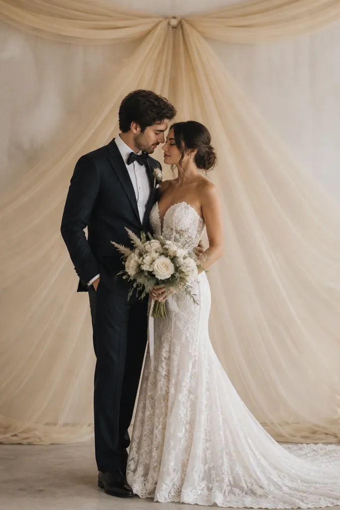 A champagne tulle skirt hangs behind the couple, gathered at the top like a curtain. Two lantern stands sit at the front corners, each with warm lights or empty lantern shells for a later glow. The backdrop is airy with soft shimmer.
