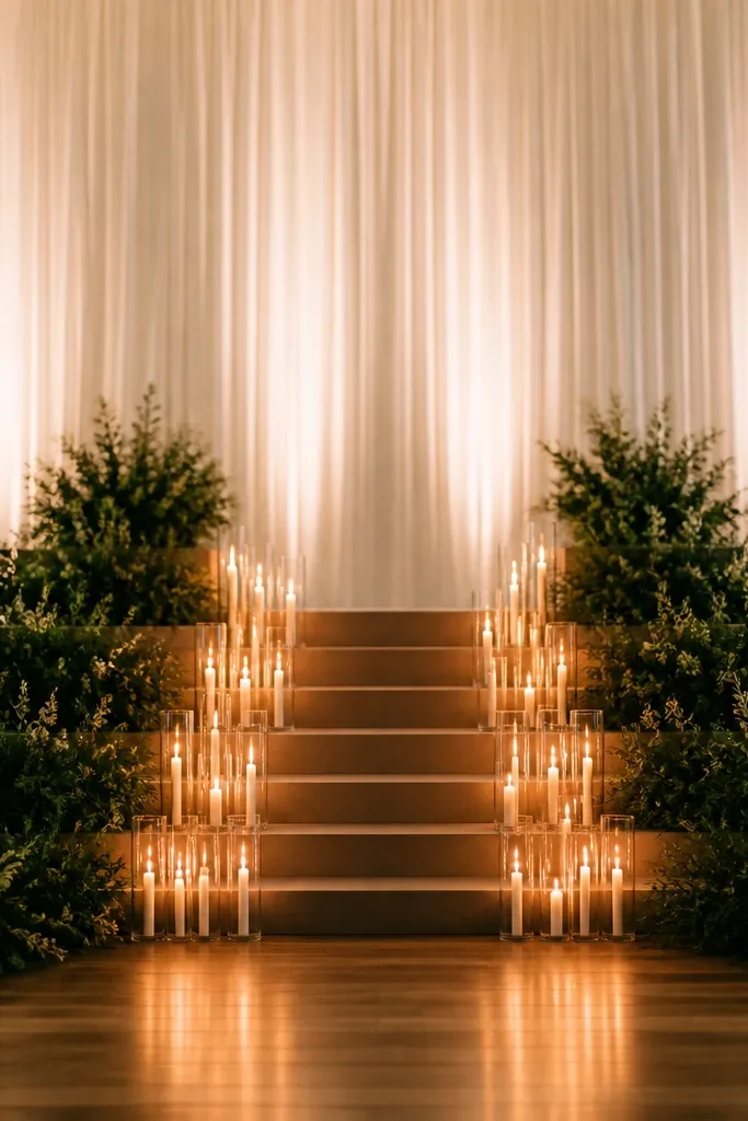 A ladder-like arrangement of taper candles rises in steps up the center front of the stage. On both sides, greenery steps mirror the shape. The backdrop is simple white drape, and warm light makes the candles glow.