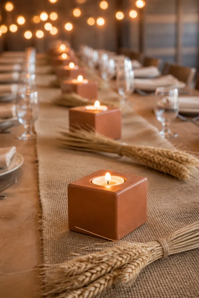 A long table set with a burlap runner, terracotta ceramic candle blocks spaced every 10-12 inches, and small clusters of dried wheat tied with oat twine. Warm amber string lights reflect subtly on the ceramic but burlap stays matte.