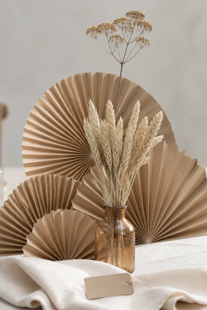 A centerpiece made from folded kraft paper fans behind a small bundle of dried wheat and a single tall dried stem in a narrow bottle, with a cream napkin and tiny name tag in the foreground.