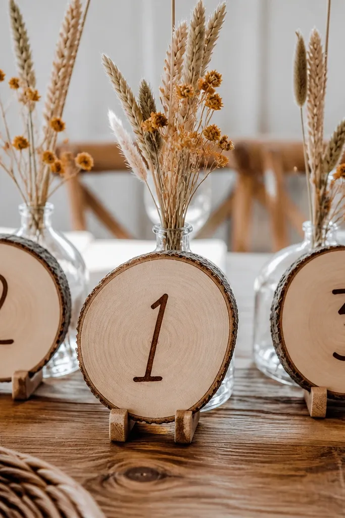 Round log slices propped on small wood stands, each with a table number written in burnt umber ink. Behind them are simple bud vases with dried wheat and small orange flowers.