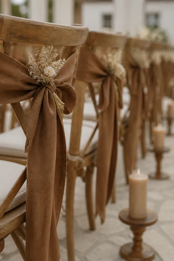 Guest chairs with brown suede-like ribbon sashes tied in a bow, each with a tiny mini dried bouquet tucked near the knot. The ceremony aisle has matching oat candles on small stands.