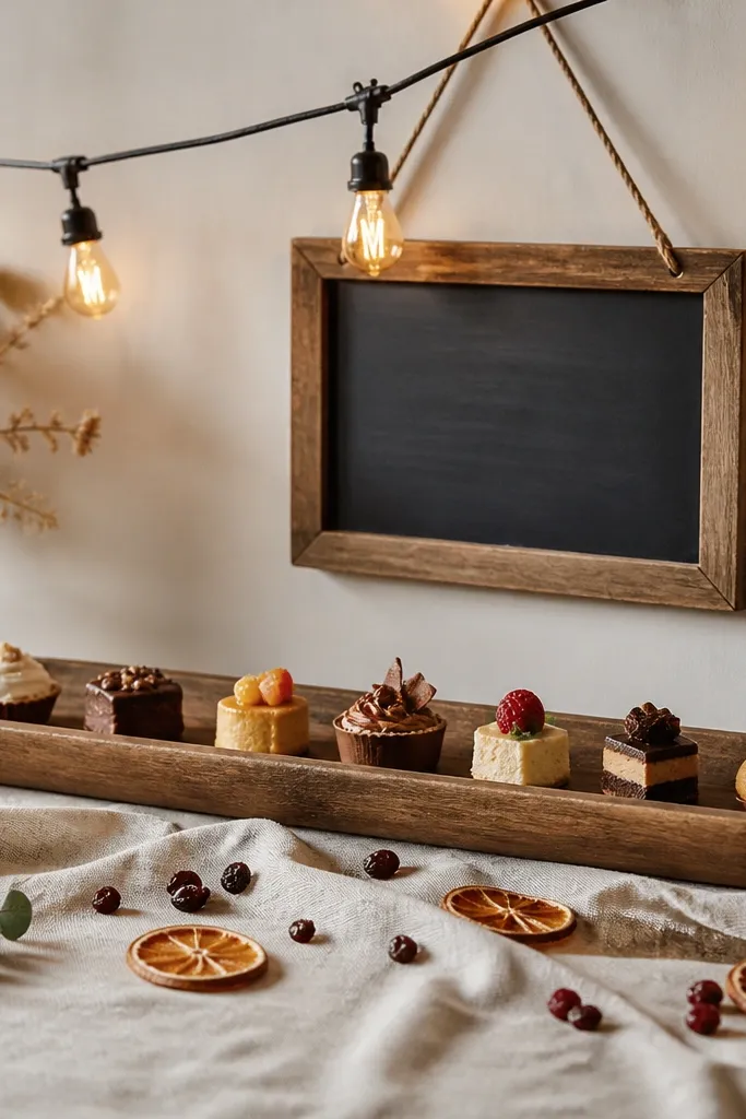 A long rustic wooden tray holding small desserts, with scattered dried orange slices and dried berries across a cream cloth. Above it hangs a warm bulb string light and a small chalkboard sign.