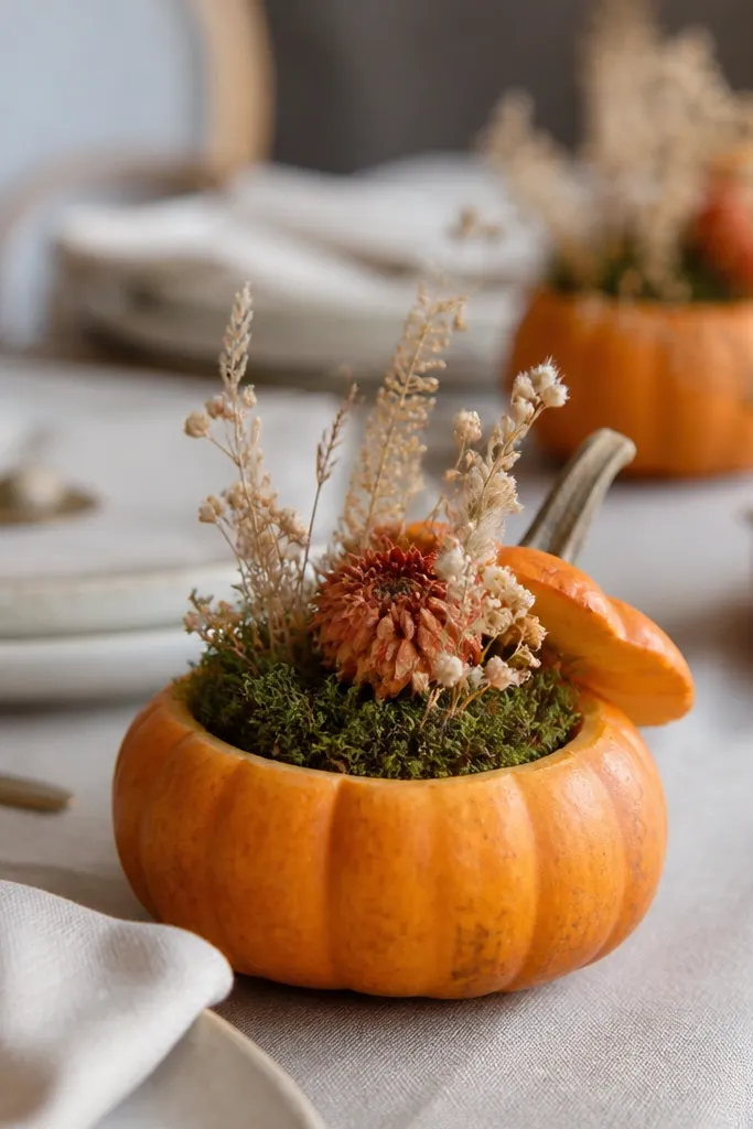 Mini terrariums made from small pumpkins with tops cut off, each filled with moss and a tiny dried arrangement, set beside folded napkins and place cards.