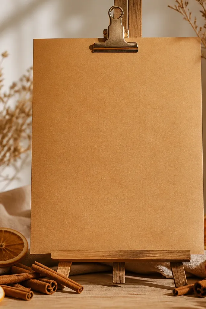 A kraft paper bar sign with espresso lettering, clipped to a wood easel, surrounded by dried orange slices and small cinnamon sticks. Warm light makes the kraft look golden.