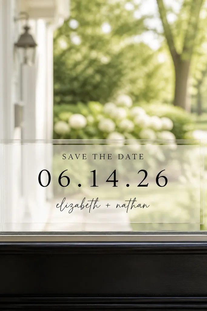 A set of save the date text printed in matte black on a clear window film sheet, mounted across the inside edge of a front door window. The date line is large and centered, with small script names beneath. Everything is bordered by a thin white frame line.