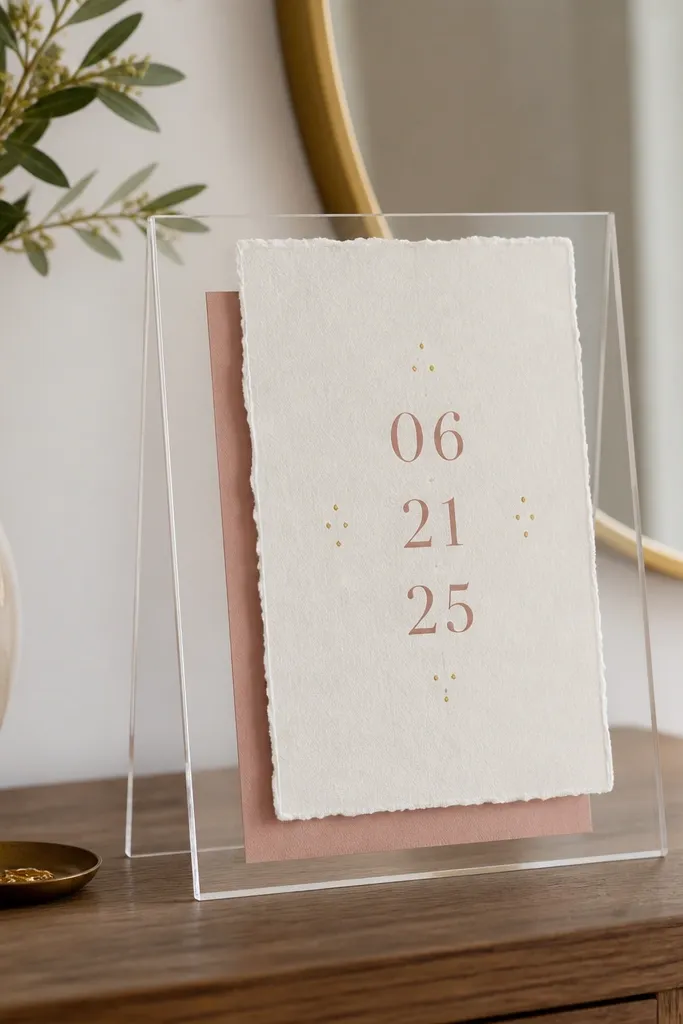 A clear acrylic tent display on a small entry console, holding a layered save the date: a top sheet with deckle-edge cream paper and a bottom sheet in dusty rose. The date is centered in a modern serif, with tiny gold-foil dots around it.