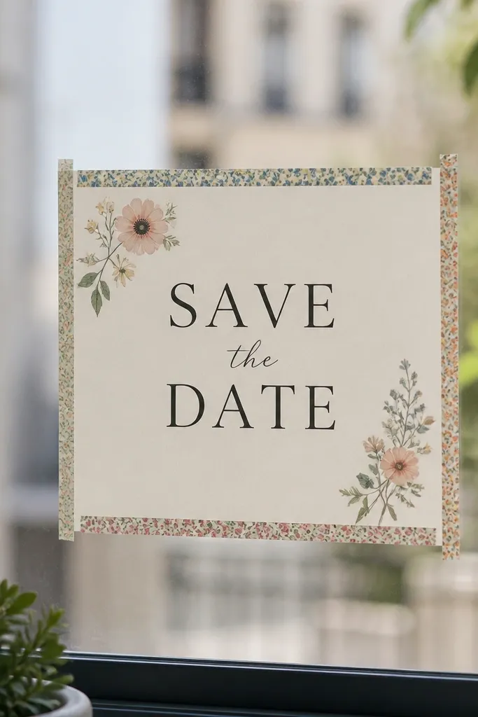 A rectangular save the date print taped to a removable window sheet using thin strips of patterned washi tape as a border. The main text is in dark ink, with small illustrated flowers near the corners.