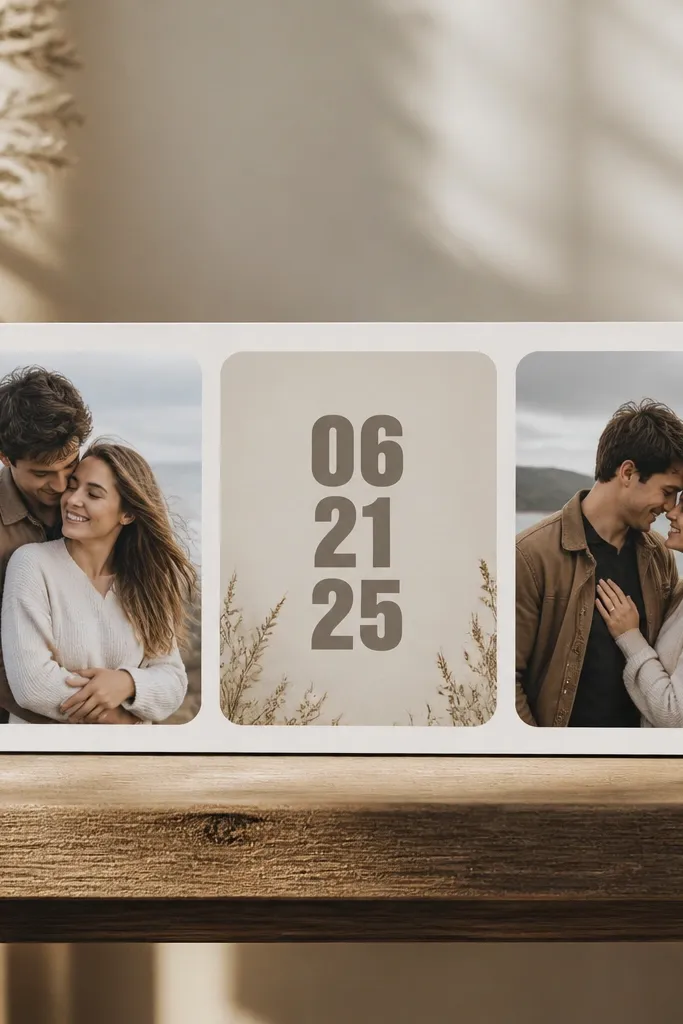 A horizontal strip of three small save the date panels mounted on a lightweight foam board, with a faux photo booth layout. The panels have rounded corners, and the date appears in a bold block font on the middle panel.