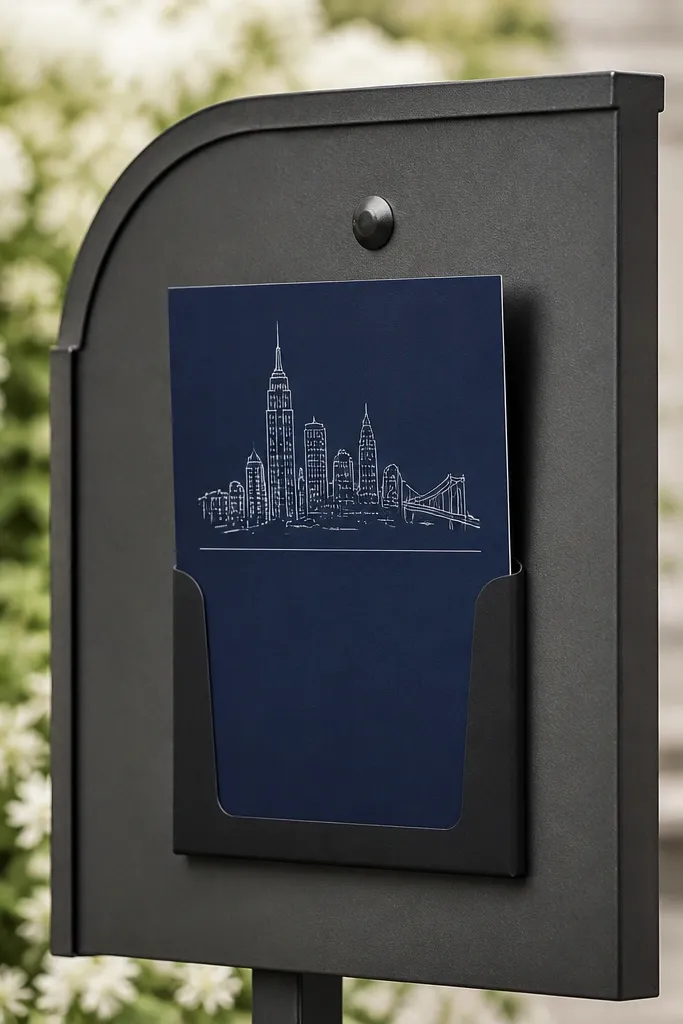 A slim magnetic sleeve holding a vertical save the date card on a metal mailbox stand. The design has a navy background with white typography and a small illustration of a skyline.