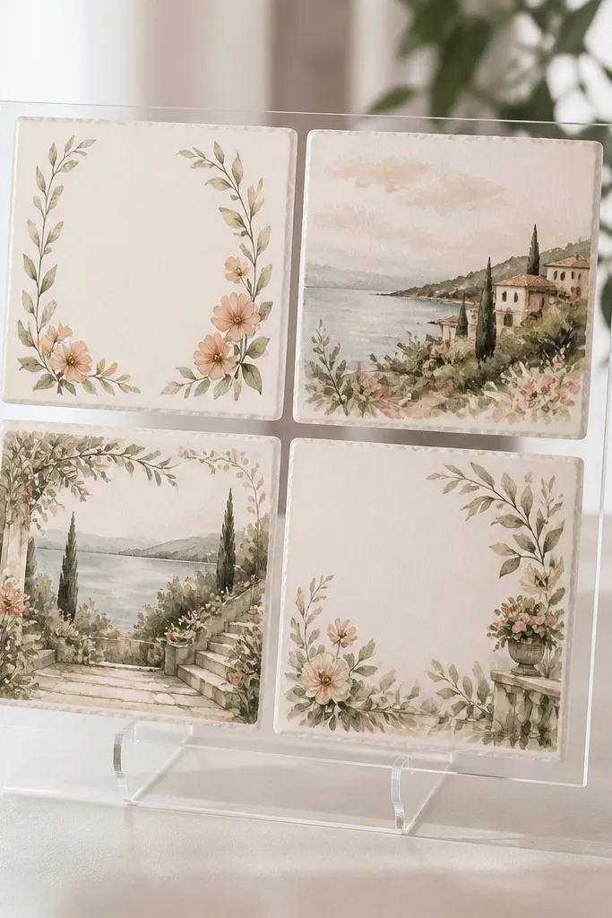 Four small ceramic-looking tile prints arranged in a 2x2 grid on a freestanding acrylic stand. Each tile has a different part of the save the date: names, date, location, and RSVP info.