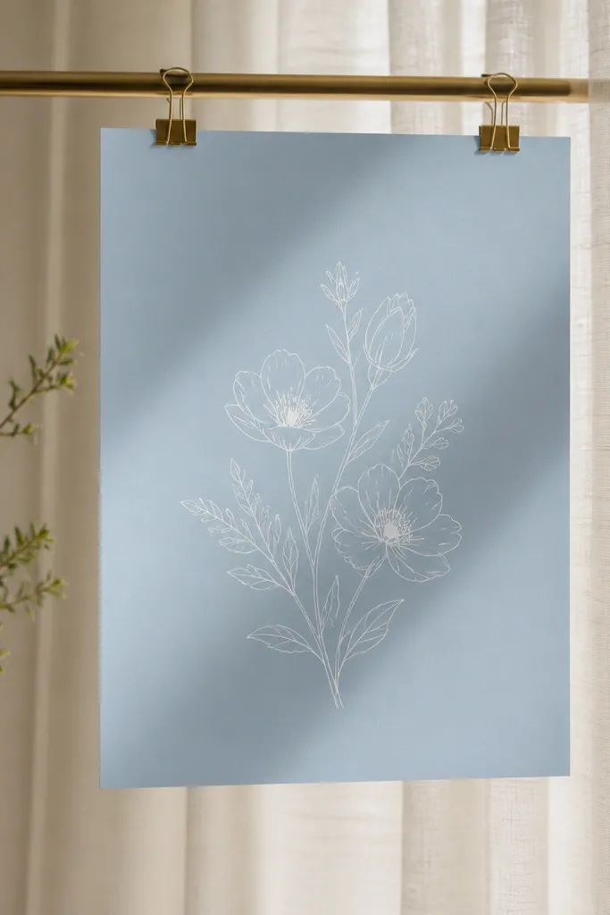 A save the date printed on a thin matte sheet clipped to a sheer curtain rod using small binder clips. The design has a pale blue background with white typography and a simple floral line drawing.