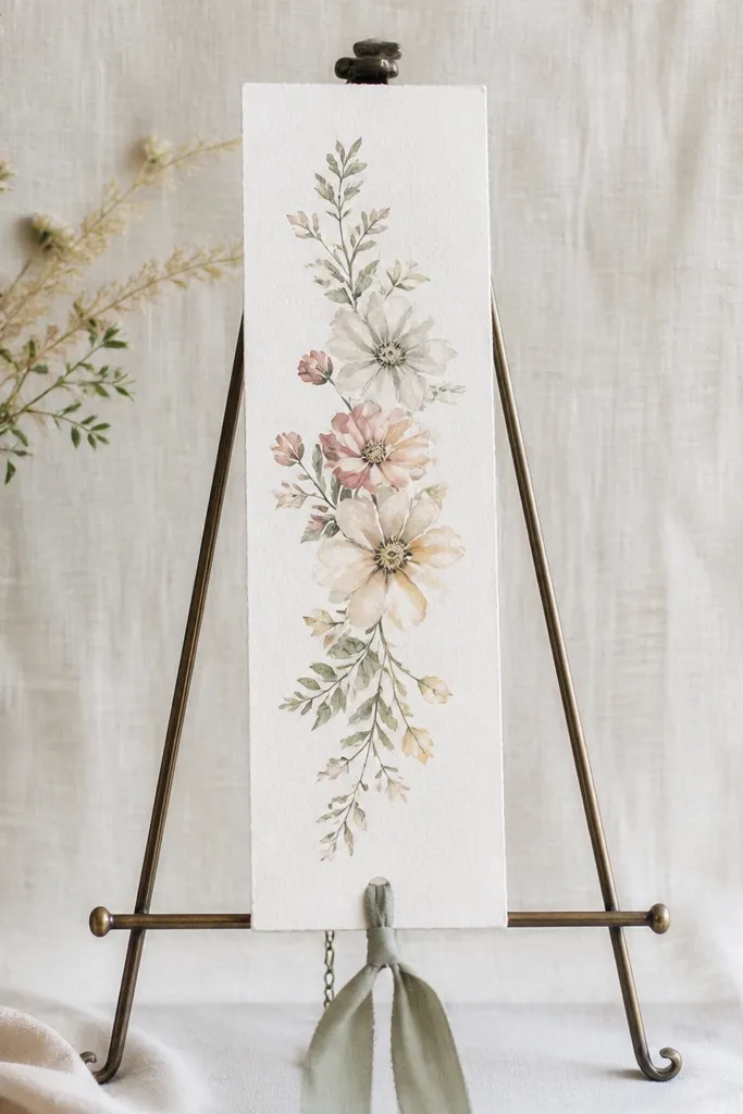 A standing metal easel holding a tall save the date printed like a long bookmark. The background is light linen texture, and a small ribbon bookmark is tied to the bottom.