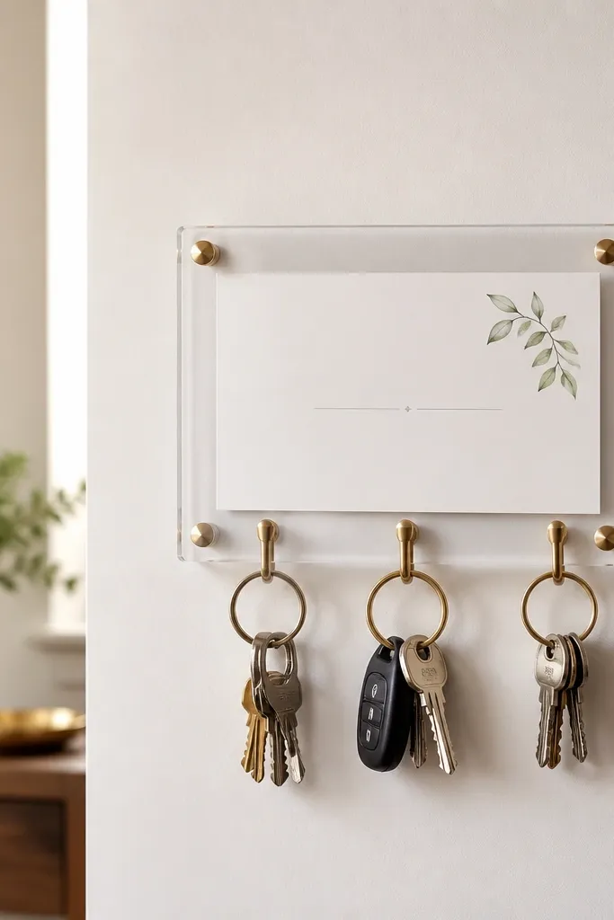 A clear acrylic key holder on the entry wall with a small insert card behind it. The insert has a clean layout: date at center, location below, and a tiny illustration corner.
