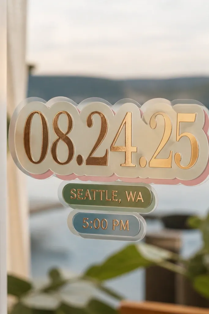 Layered window clings with a date in a faux foil look, plus smaller location and time stickers below. The clings are layered with small offsets to create a stacked effect, and they sit on a clean window.