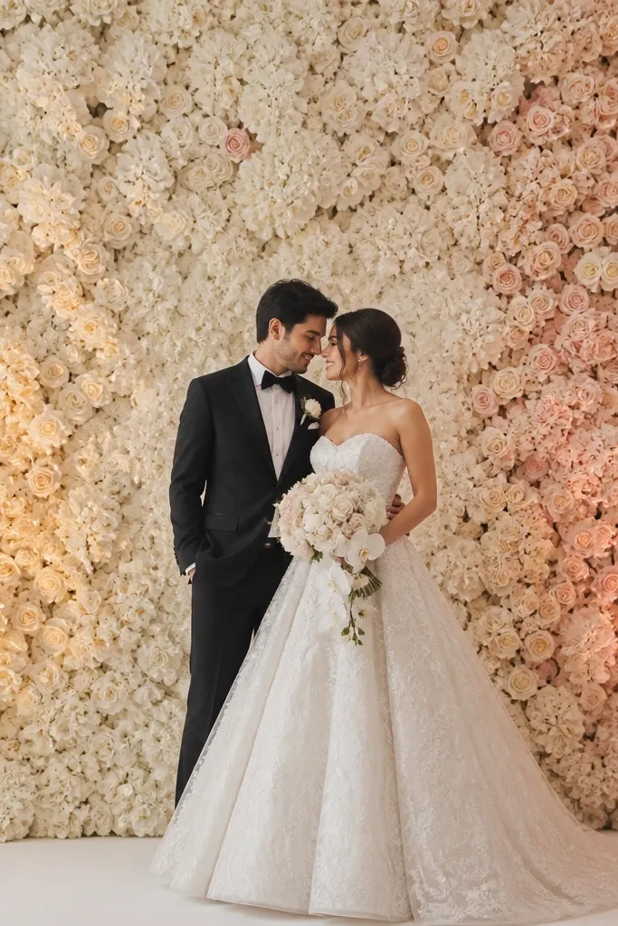 A dense full floral wall in white, cream, and soft blush. Two LED uplight sources create slightly different warm tones on left and right, creating a gentle color-block effect. The couple stands centered with a clear border of negative space around their heads.