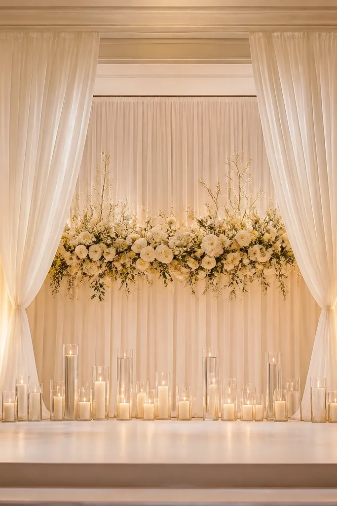 Tall drape towers in ivory and soft gold sit on both sides of the stage, with a central floral band across the back. Several taper candles in glass holders line the base in graduated heights. Warm lighting makes the candles glow without flicker chaos.