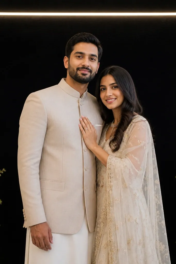 A matte black velvet backdrop with a thin LED outline shaped like a rounded rectangle behind the couple. The LED glow is soft and the velvet surface looks plush with no visible wrinkles.