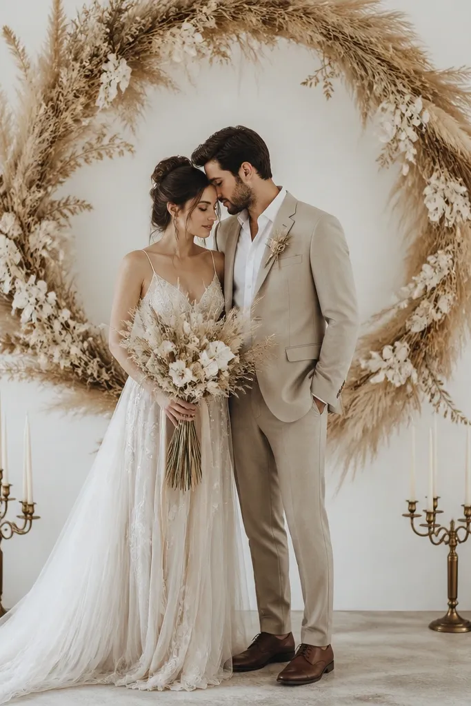 A circular halo of pampas grass and dried stems hangs behind the couple, with brass candelabras on the floor in matching pairs. The background is off-white and the dried textures are feathery and airy.