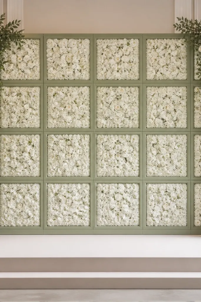 A backdrop made of square panels outlined with sage green fabric strips, filled with white blooms in each square. The stage sides have matching sage garlands and the overall look is geometric.