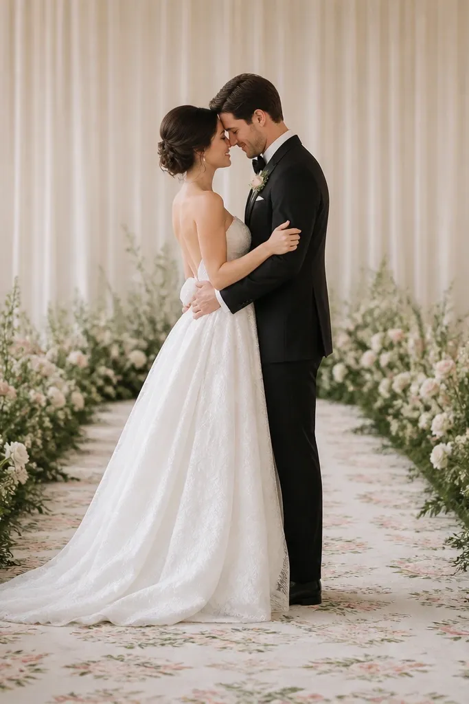 A long floral runner stretches from the front of the stage to behind the couple, with low greenery along both sides. Small white and blush flowers sit close to the floor, and the backdrop is a simple neutral drape.