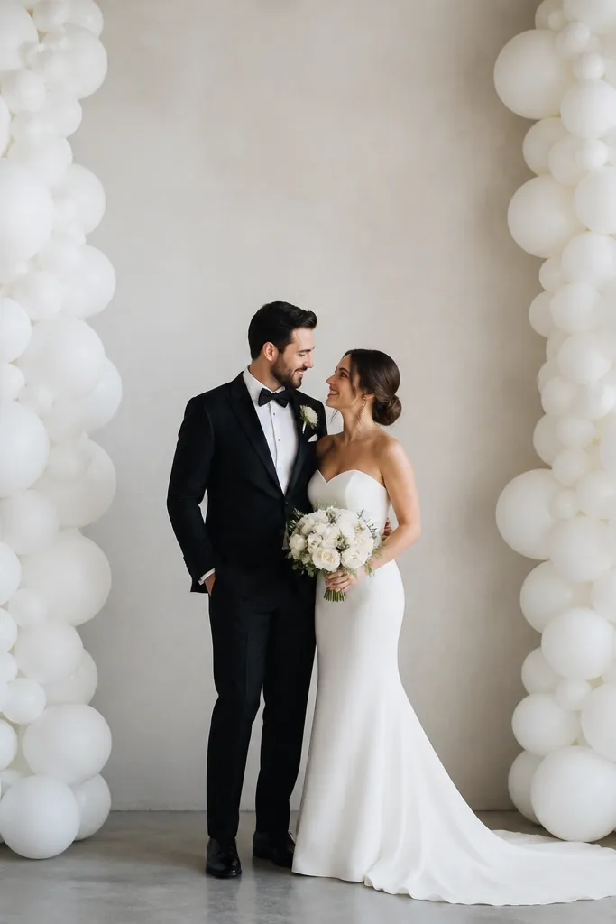 Two tall columns of monochrome white balloons sit on either side of the stage, with a clean neutral backdrop in the center. The columns have a matte finish and the couple stands in the open center.