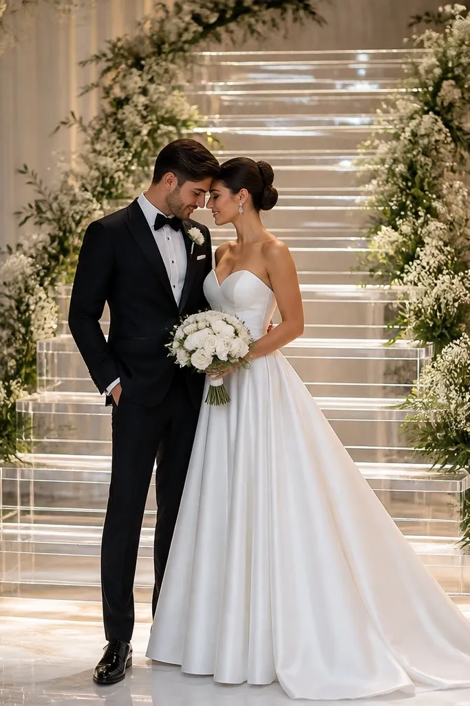 A set of clear acrylic steps rises behind the couple, wrapped with greenery and tiny white flowers along the edges. The steps look like they float and catch light from overhead fixtures.