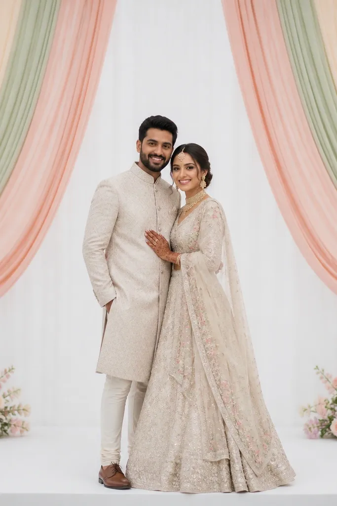 Pastel fabric layers hang in a gentle arc behind the couple, but a crisp white center panel sits directly behind them. The stage has small pastel blooms at the base corners.
