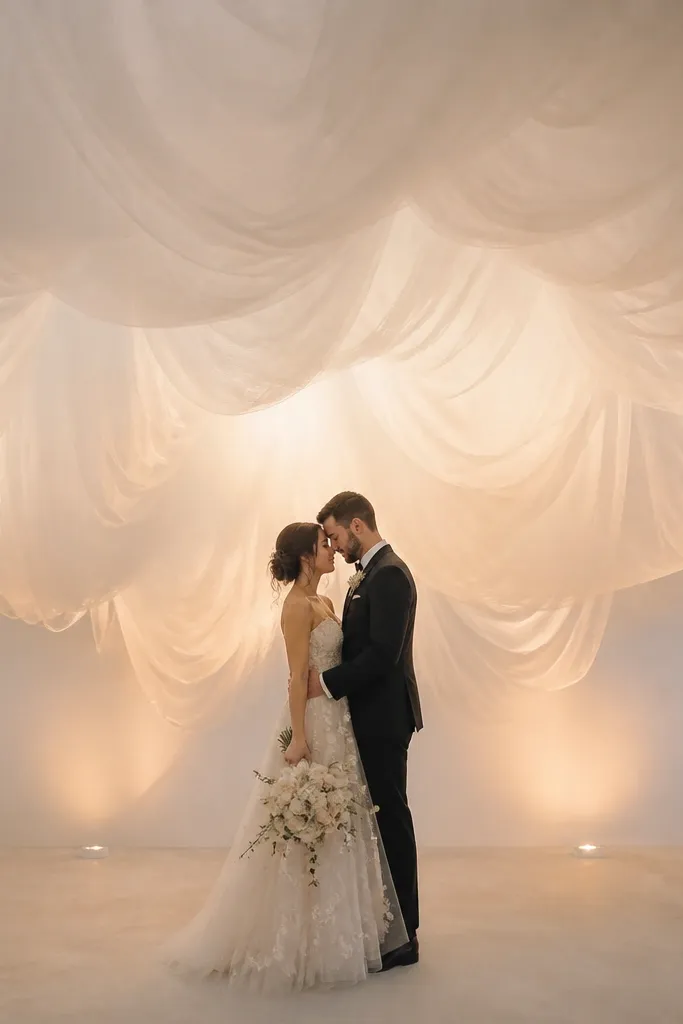 White sheer fabric hangs from above, forming a cloud-like canopy over the couple. Warm lights shine upward and the edges of the cloud taper into the background.
