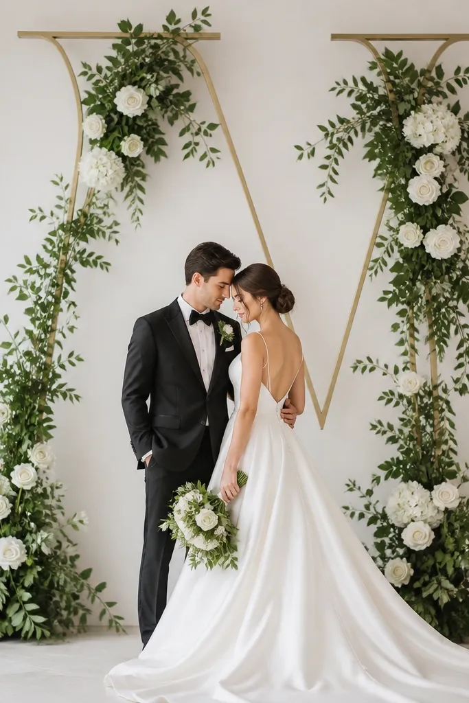 A large monogram letter behind the couple, with fresh or faux greenery and white flowers arranged around the monogram edges. The center of the letter is mostly open, creating a clean negative space effect.
