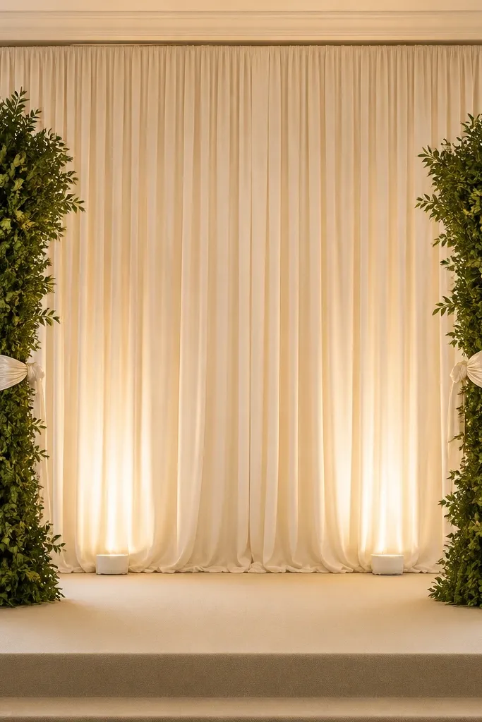 Two tall sculpted greenery columns stand on either side of the stage, wrapped with white satin ribbon around the midsection. The backdrop is a simple cream drape with warm uplights.