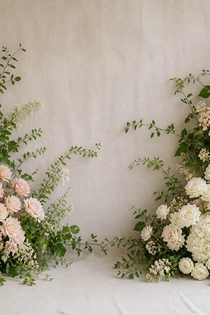 A plain linen backdrop with two-tone floral cascades falling from left and right toward the center. The flowers are arranged in a gradient from blush to white, with greenery filling the gaps.