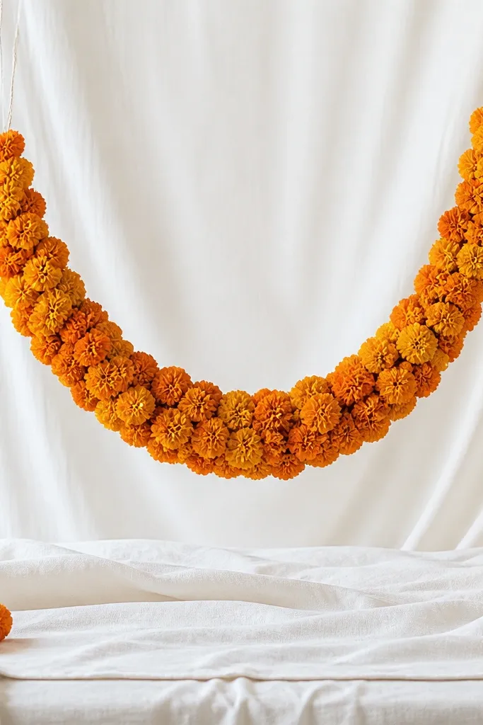 A crescent-shaped marigold garland hangs against a white cotton backdrop. The base has a layered white cloth runner with a few small marigold bunches at the edges. Turmeric stains are not visible; the white stays clean.