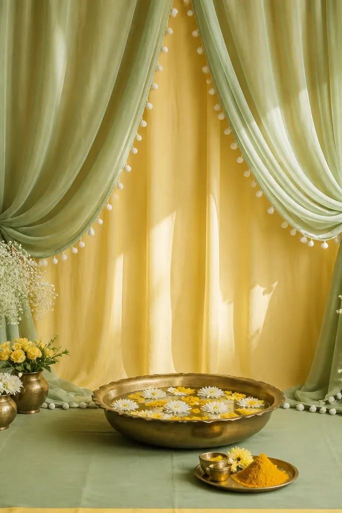 Two layers of fabric hang behind a haldi setup: a sage green sheer over a soft yellow base. Small white pom-poms are spaced evenly along the drape edges. The floor has a matching sage runner with a yellow border.