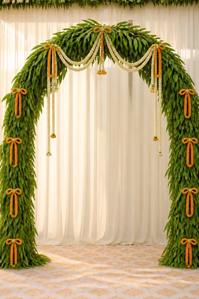 A tall arch made from mango leaves and thin garlands stands at an entrance or stage. Marigold ribbon ties hang at several points, creating small loops. The surrounding floor is covered with a patterned cloth that looks clean.