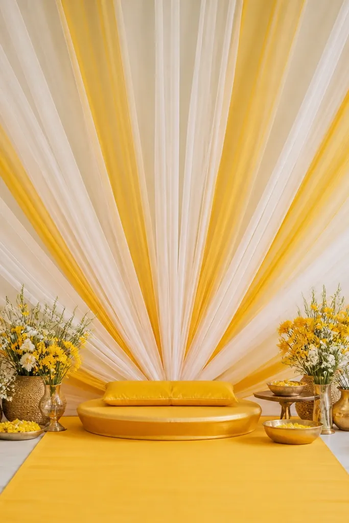 A fabric backdrop shows layered organza strips fanning out like sun rays behind a haldi setup. The base is soft yellow, with translucent white organza creating a halo effect. The floor has a simple yellow runner.