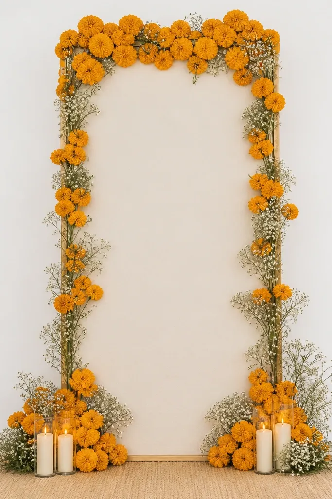 A tall board or frame is decorated with marigold clusters and small white baby's breath sprigs. The background behind the board is plain white. The base has a tidy arrangement with a protective floor layer.