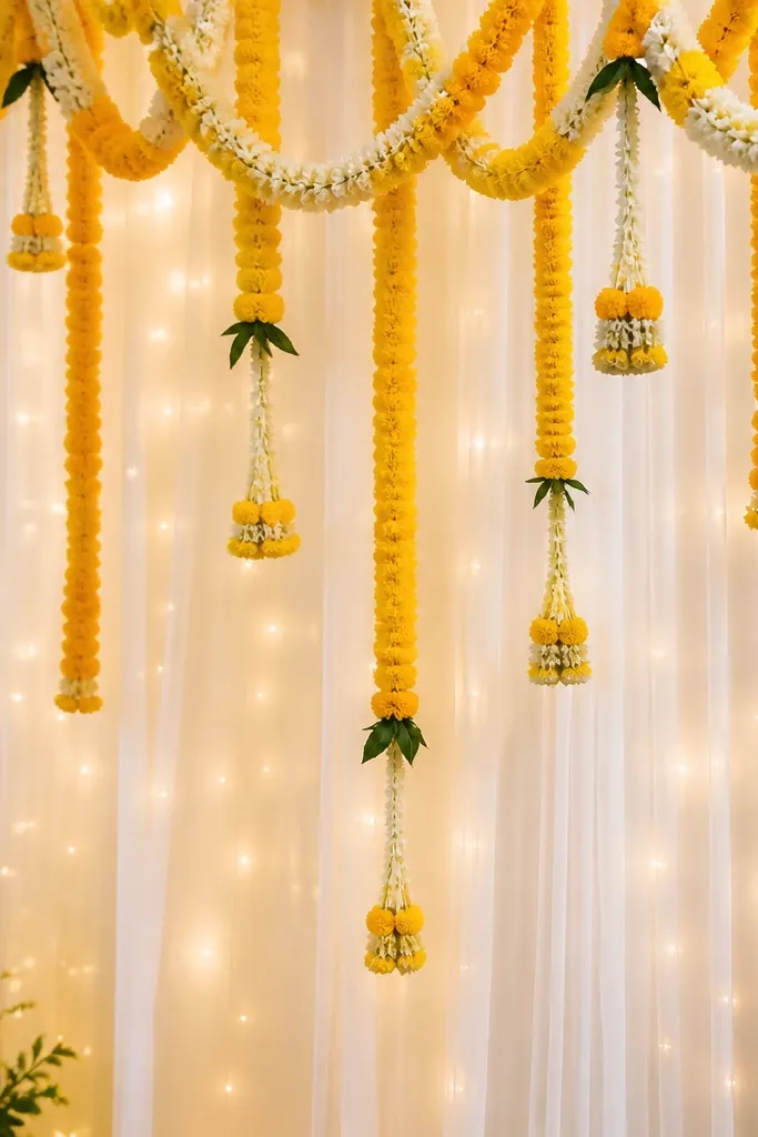 A white tulle drape hangs in front of a haldi area, with tiny warm LED dot lights scattered throughout like small stars. The lights are diffused by the tulle, and the garlands sit in front.