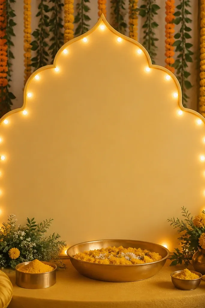 A decorative cutout board (shape like a sign) placed behind the haldi setup, wrapped with warm white marquee string lights. The lights form a border around the board edges. The background has marigold garlands and green leaves.