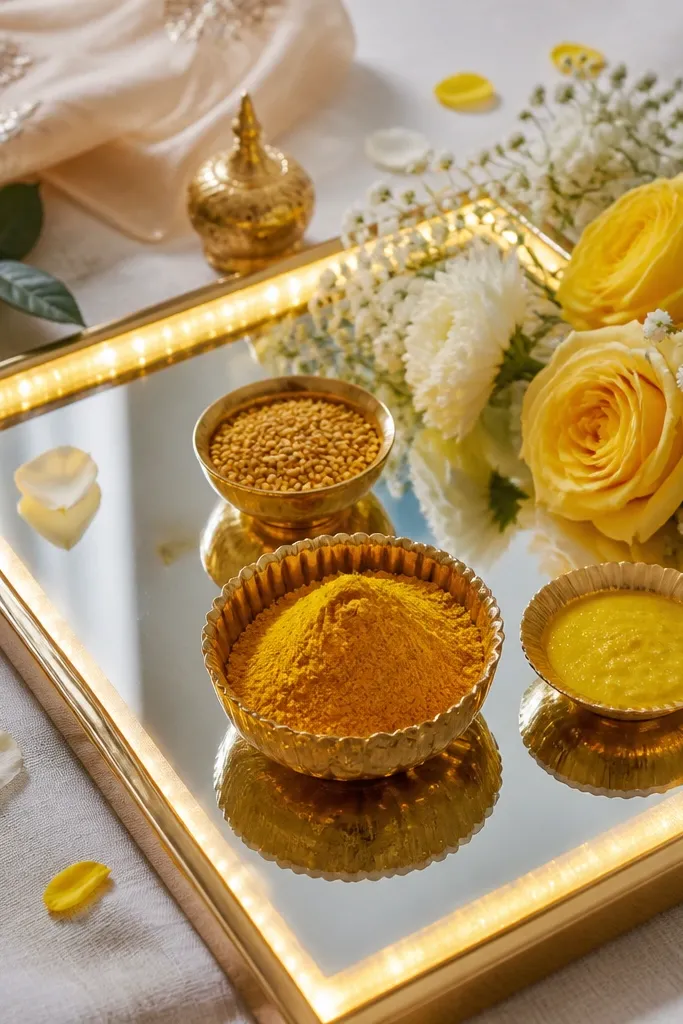 A mirror tabletop or mirror panel used as a base for haldi items. Warm white lights are tucked behind the mirror frame edge, creating a glowing border reflection. Flowers and haldi bowls sit on top.