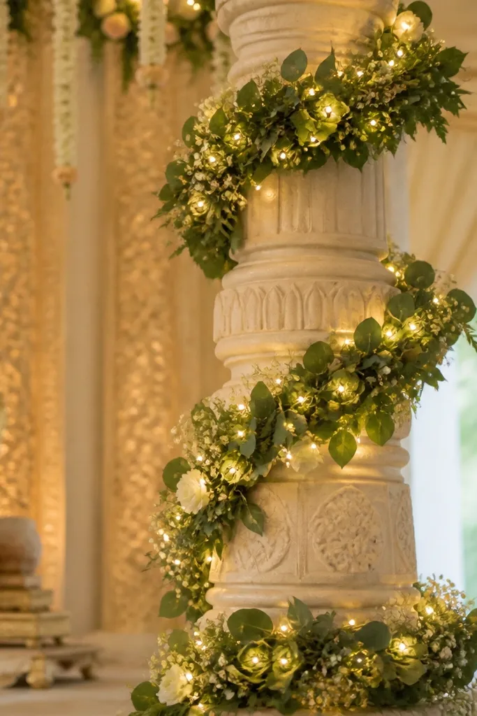 A mandap pillar wrapped with garlands and warm white lights. The lights are woven through the garland leaves around the pillar, creating a gentle ring of glow. Cables are hidden along the pillar behind the garland.